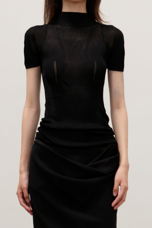 OUDE WAAG 25 Autumn and Winter Curved Thread Short Sleeve Knit Top T-shirt OW-OW-25AW-KT04V1BL900-HEI Black
